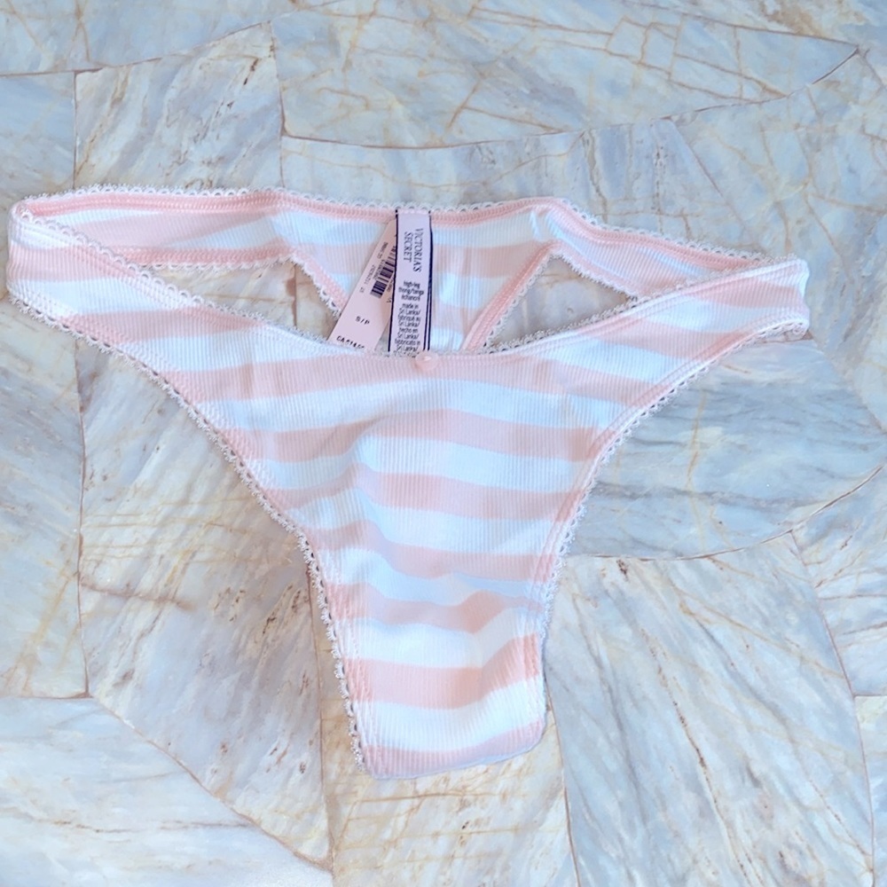 New Victoria's Secret Pink Stripe Ribbed Vstring Panty Thong V-String Small